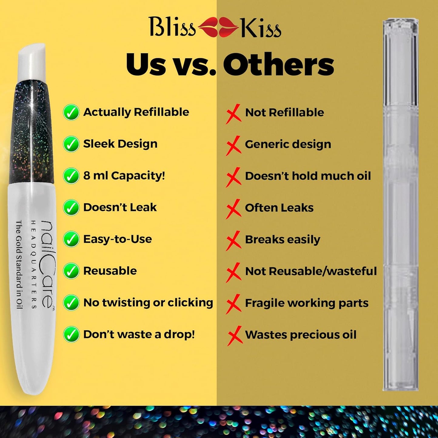 Nail Care Headquarters Refillable Holographic Cuticle Oil Pen for Nails - Empty Holo Squeeze Nail Oil Pen with Brush from by Bliss Kiss 3-Pack
