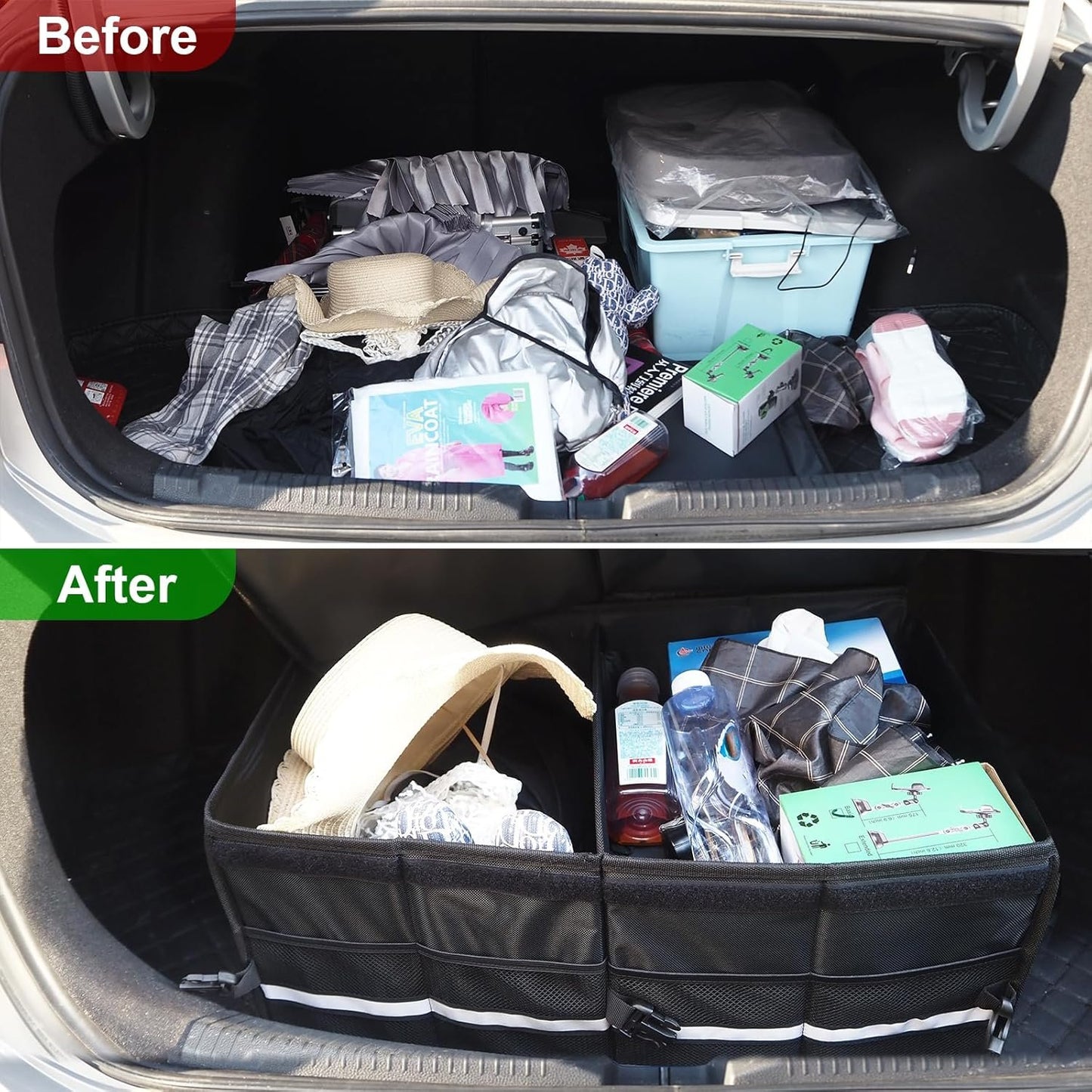 Car Trunk Organizer, Vehicle Boot Organizer 60L Collapsible Multi Compartment Boot Tidy Storage Box for SUVs, RV, Sedans, 600D Adjustable Auto Back Cargo Organisers Car Accessories (Black-55L)