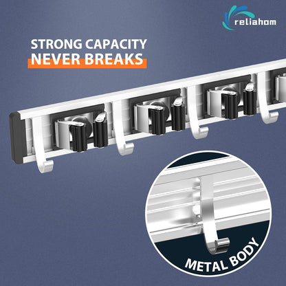 Broom Holder Wall Mount Mop and Broom Hanger Wall Mounted Garage Storage Rack Kitchen Garden Tool Organizer (4 Racks with 5 Hooks, Black)