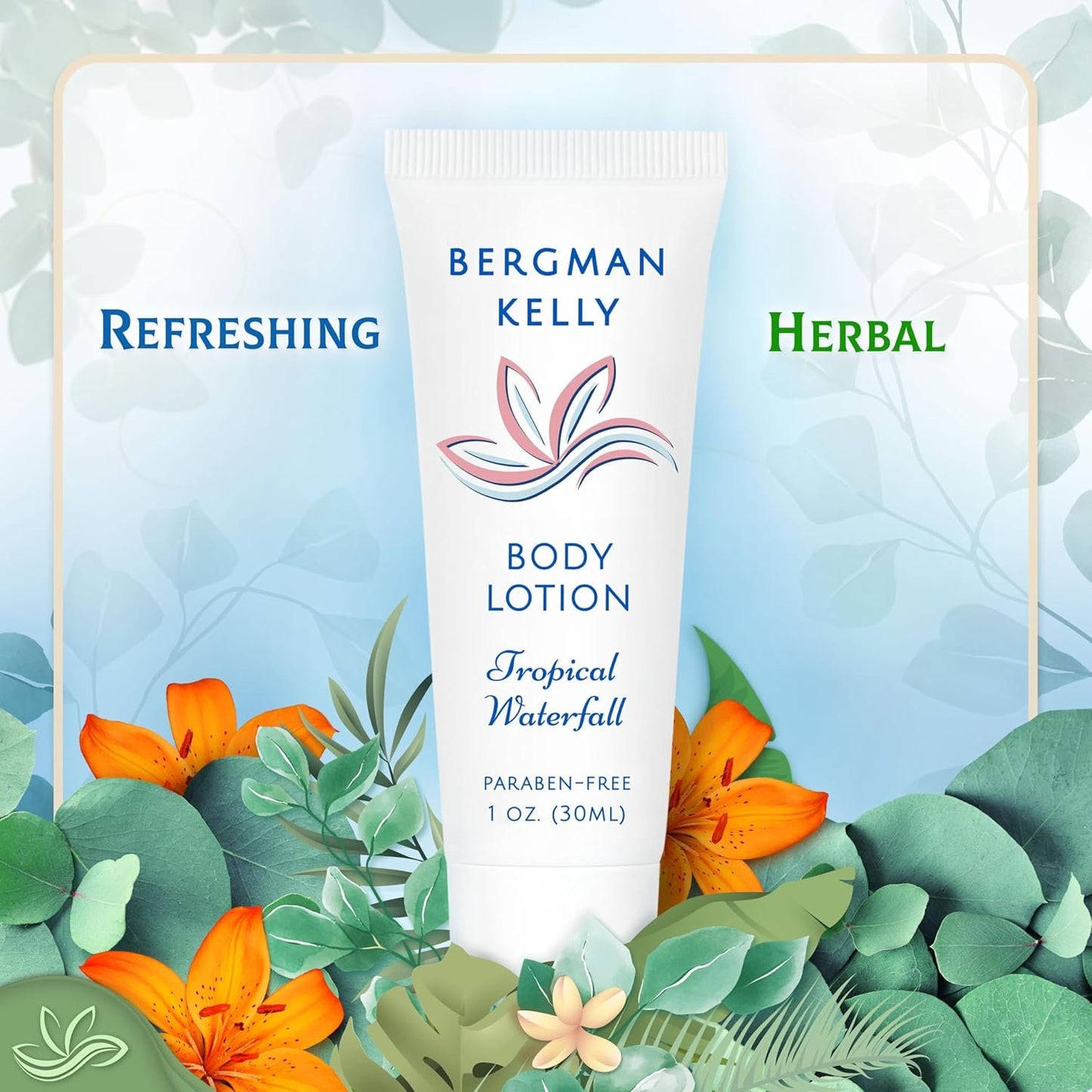 Bergman Kelly Hotel Toiletries Bundle - Tropical Waterfall, 1 oz each, 200 Pcs - 4-Piece Set: 50 Rectangular Bar Soap, 50 Shampoo, 50 Conditioner & 50 Body Lotion - Bulk Mini Guest Amenities