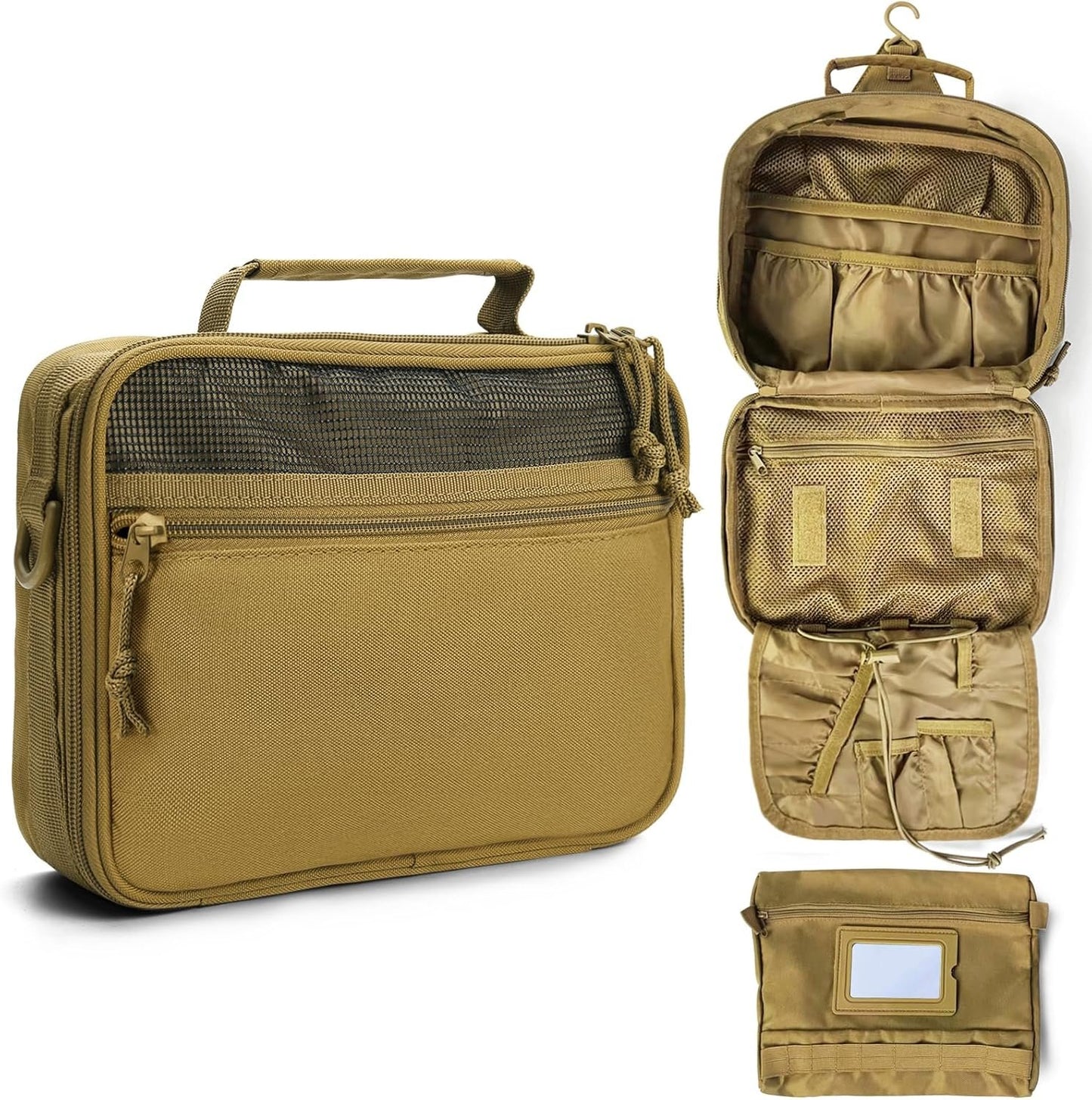 SMONT Tactical Toiletry Bag for Men, 9.5" Hanging Dopp Kit Shaving Hygiene Bag for Traveling Bathroom, Khaki, Travel