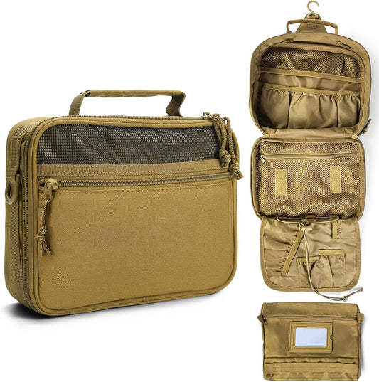SMONT Tactical Toiletry Bag for Men, 9.5" Hanging Dopp Kit Shaving Hygiene Bag for Traveling Bathroom, Khaki, Travel