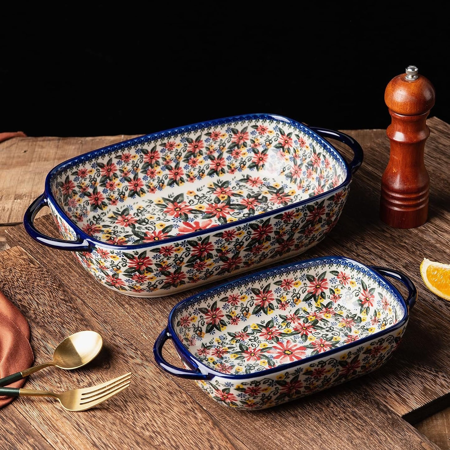 ONECCI Baking Dish Ceramic Baking Pan Blue Casserole Dish Rectangular Baking Set 2pcs Bakeware Sets Lasagna Pan Baking Dishes for oven (Exotic Daisy)