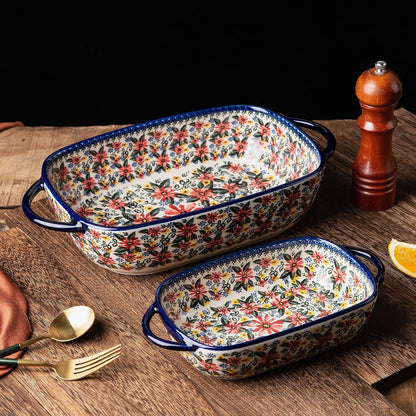 ONECCI Baking Dish Ceramic Baking Pan Blue Casserole Dish Rectangular Baking Set 2pcs Bakeware Sets Lasagna Pan Baking Dishes for oven (Exotic Daisy)
