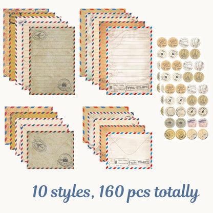 160 Pack Vintage Airmail Stationery Paper and Envelopes Set in 10 Different Designs, 50 One Sided Stationery Lined Writing Papers with 50 Matching Envelopes and 60 Dot Stickers for Writing Letters