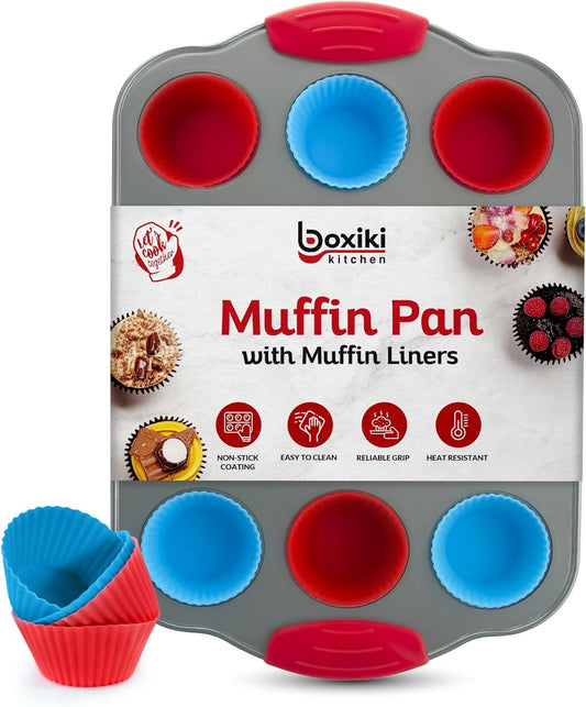 12-Cup Mini Muffin Pan with Silicone Muffin Cups by Boxiki Kitchen | Professional Nonstick Bakeware | Heavy Grade Steel and Silicone Muffin Tins