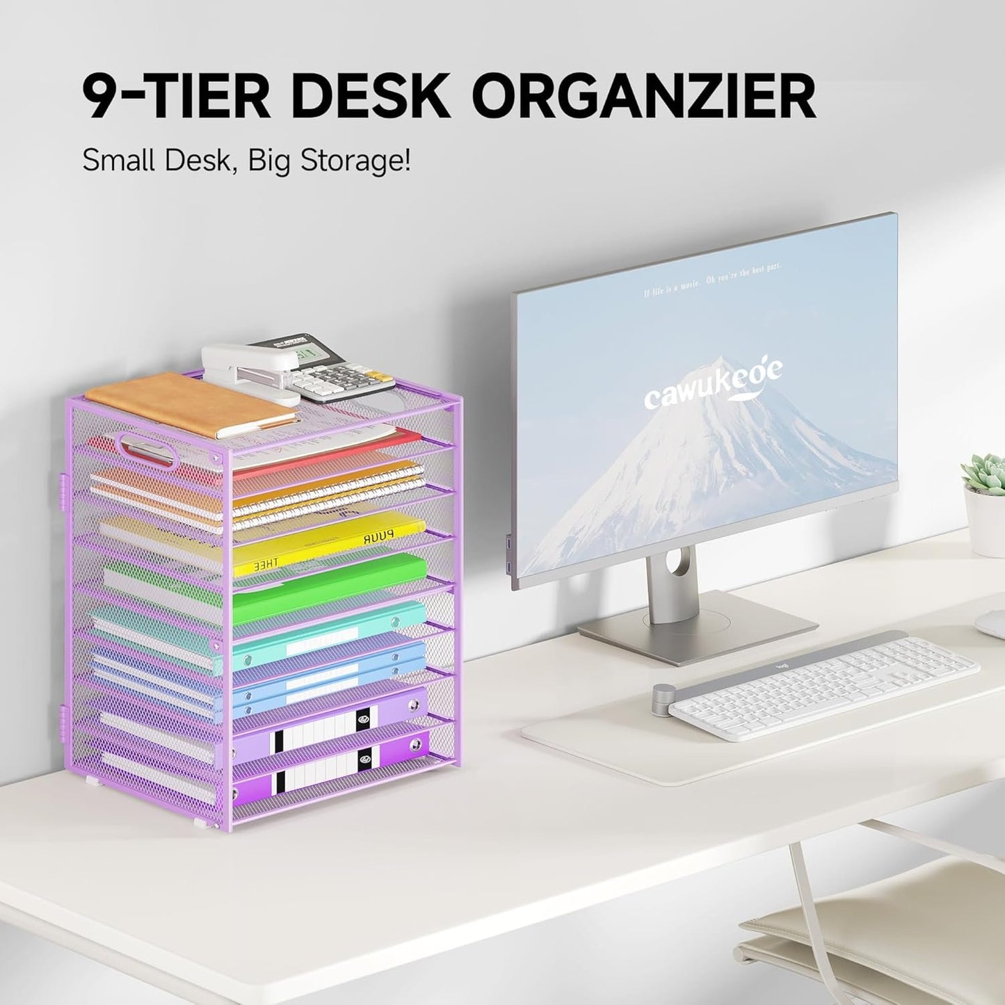 Cawukege 9 Tier Paper Organizer with Handle, Large Capacity Desk Organizer Mesh Paper Letter Tray File Folder Document Sorter for Classroom and Office Accessories Organization- Purple (2 Pack)