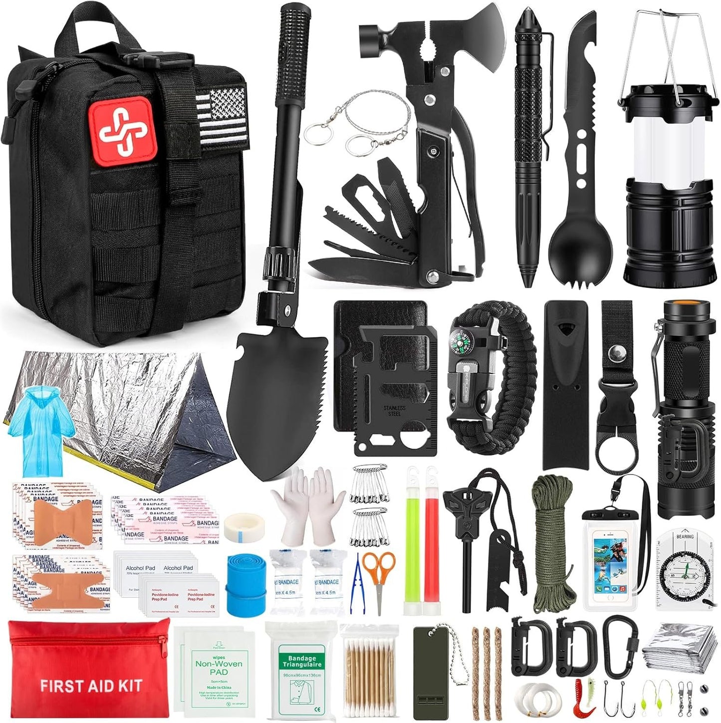 Survival Kit 250pcs, Emergency Survival Gear Kit Survival Tool Emergency Blanket Multi-Tool Axe Shovel First Aid Kit for Wilderness Camping Hiking First Aid for Earthquake, Gifts for Men Women