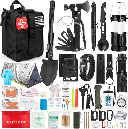 Survival Kit 250pcs, Emergency Survival Gear Kit Survival Tool Emergency Blanket Multi-Tool Axe Shovel First Aid Kit for Wilderness Camping Hiking First Aid for Earthquake, Gifts for Men Women