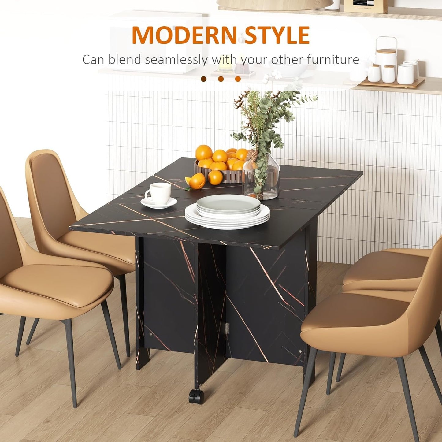 HOMCOM Foldable Dining Table, Drop Leaf Folding Side Table Console Writing Desk with 2 Wheels for Kitchen, Dining Room, Faux Marbled Black