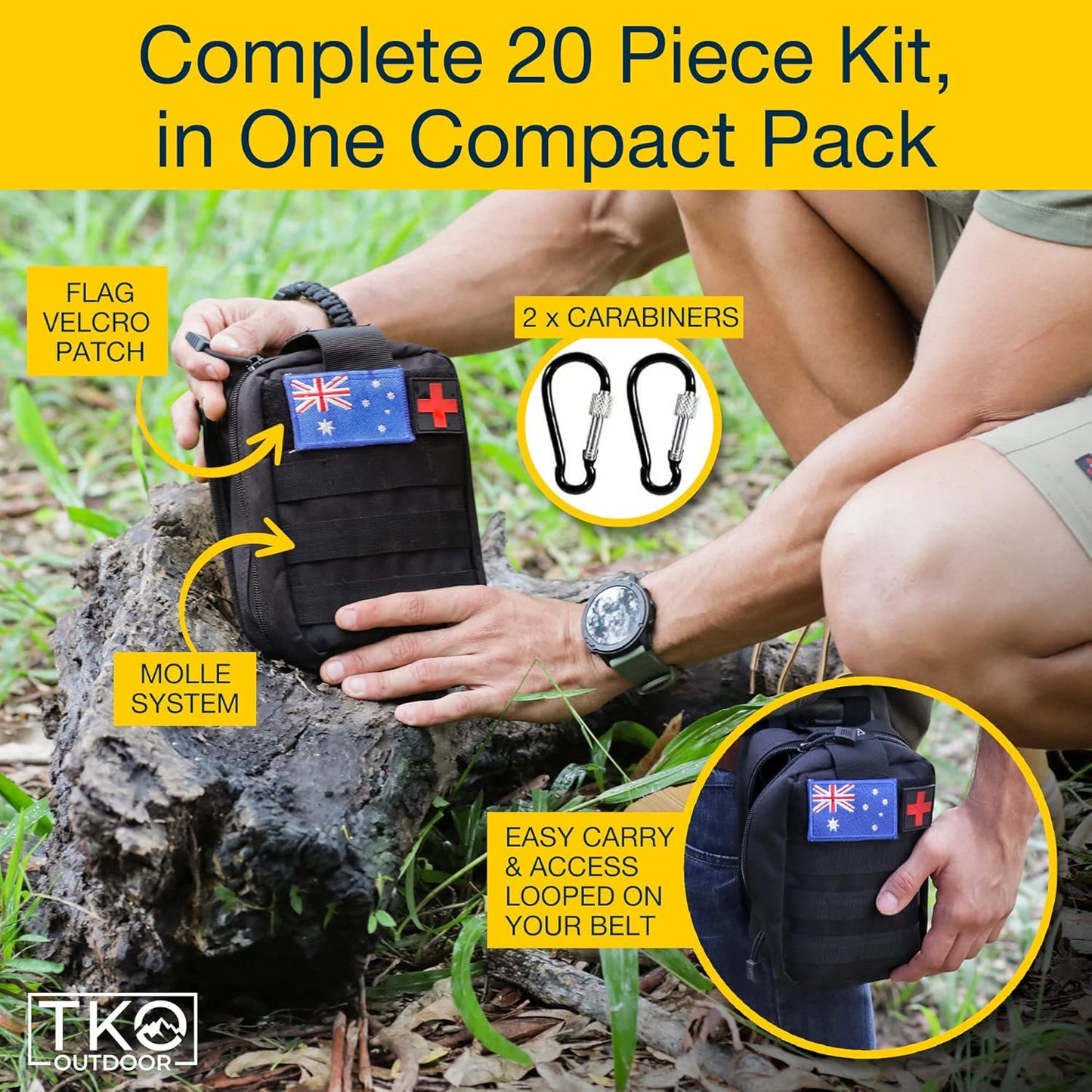 TKO Outdoor Professional Survival Kit - 20 in 1 Tactical Gear for Camping Hunting Hiking and Adventures | Equipment Including First Aid Kit, Knife, Flashlight + Tools | Gifts for Men Dad Husband