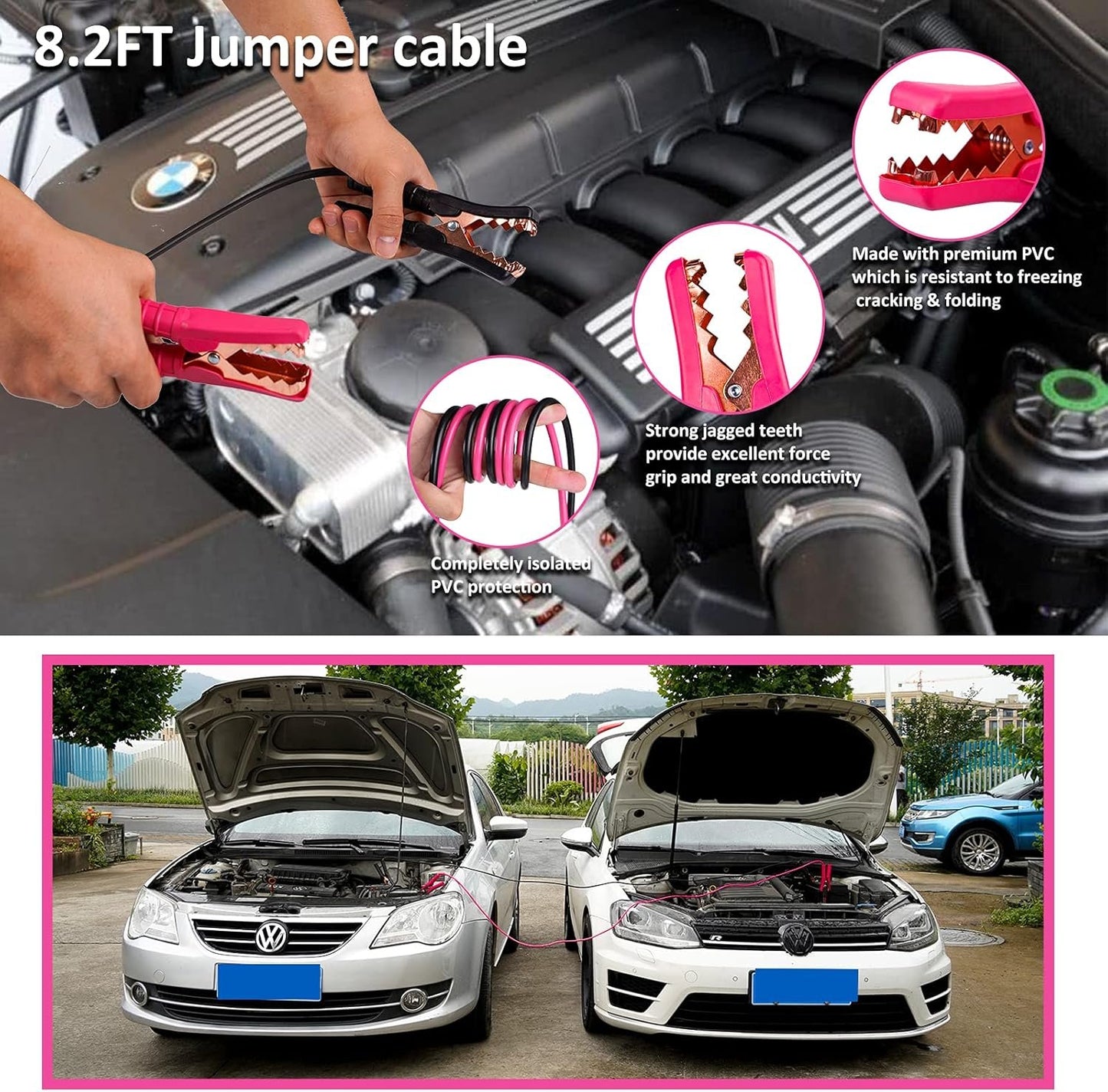 HLWDFLZ Pink Car Emergency Kit, Jumper Cable, Tow Rope, LED Road Flare, Deer Whistles & More Women's Safety Tools