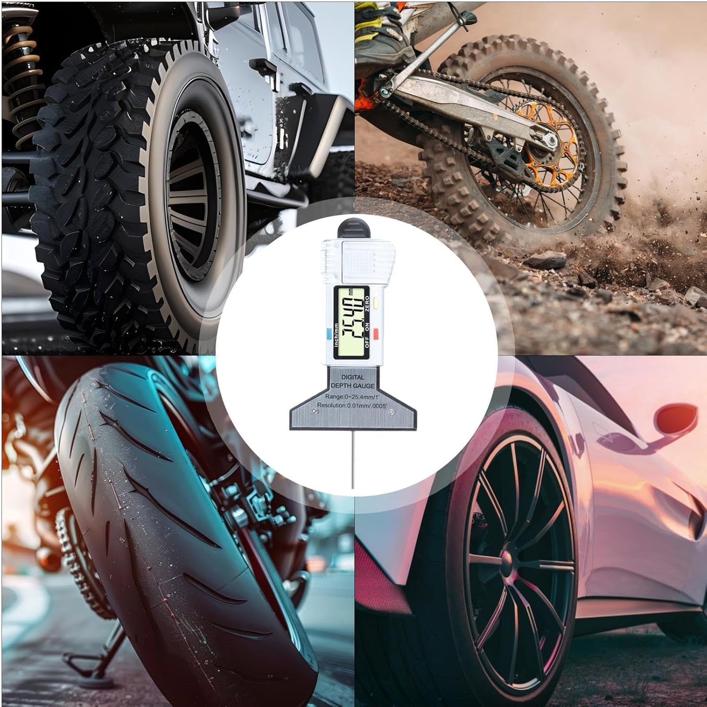 Tire Tread Depth Gauge, Digital Wear Measuring Tool, 0mm Precision with 0-25.4mm Range, Handheld Depth Checker, Ideal for, Motorcycles, Safety Inspections, Garage Use
