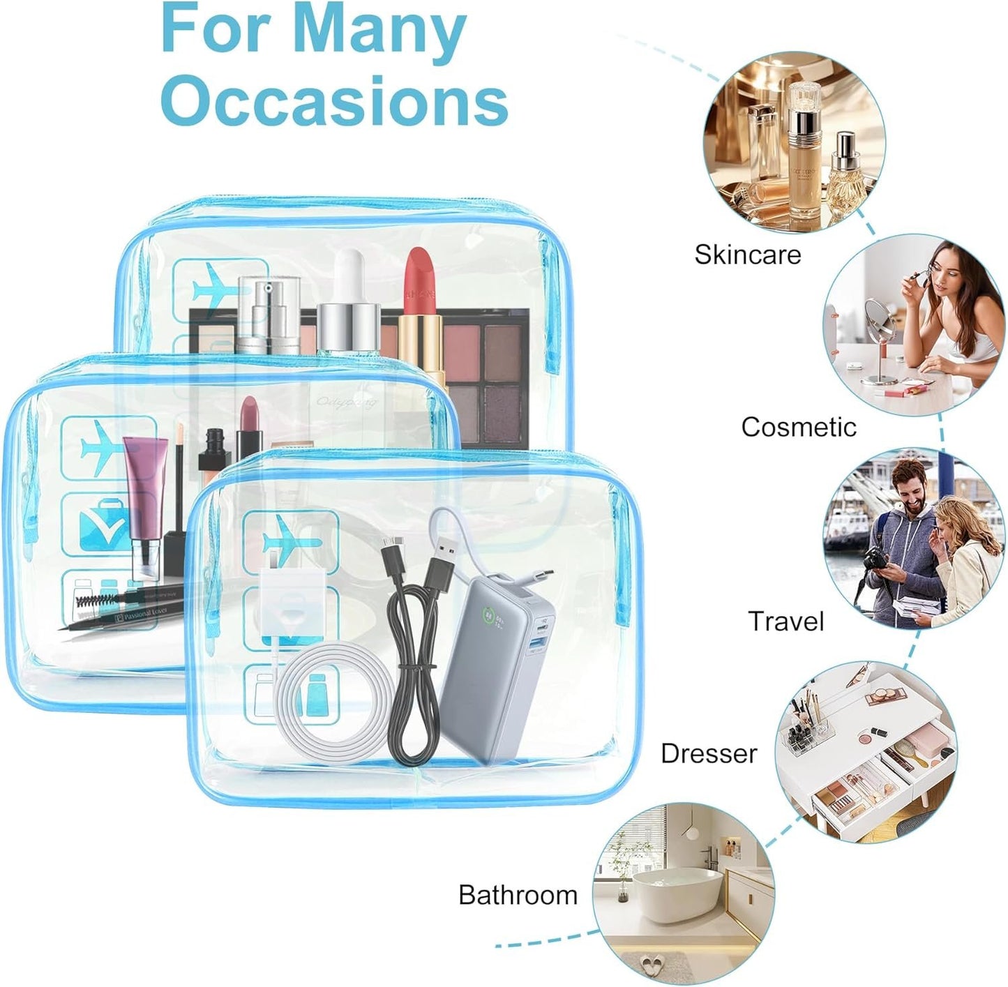 TECDW Clear Travel Toiletry Bag, 2PCS TSA Approved Airport Security Liquids Bags19.5x6cm, 1L Leakproof Clear Makeup Bags, Transparent Travel Wash Bag Holiday Essentials Luggage for Men Women (blue)