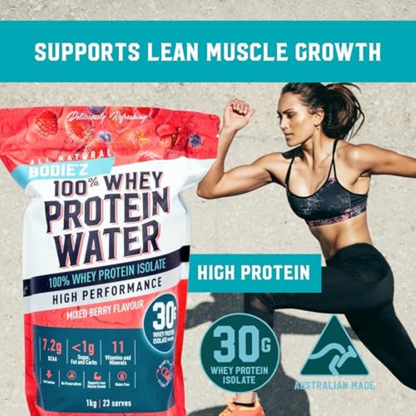 BODIE’Z Whey Protein Water Powder - 30g Protein Per Serve, Less than 1g Sugar Fat and Carbs, 11 Vitamins and Minerals, Supplement for Lean Muscle Growth and Recovery, Mix with Water, 1Kg Mixed Berry