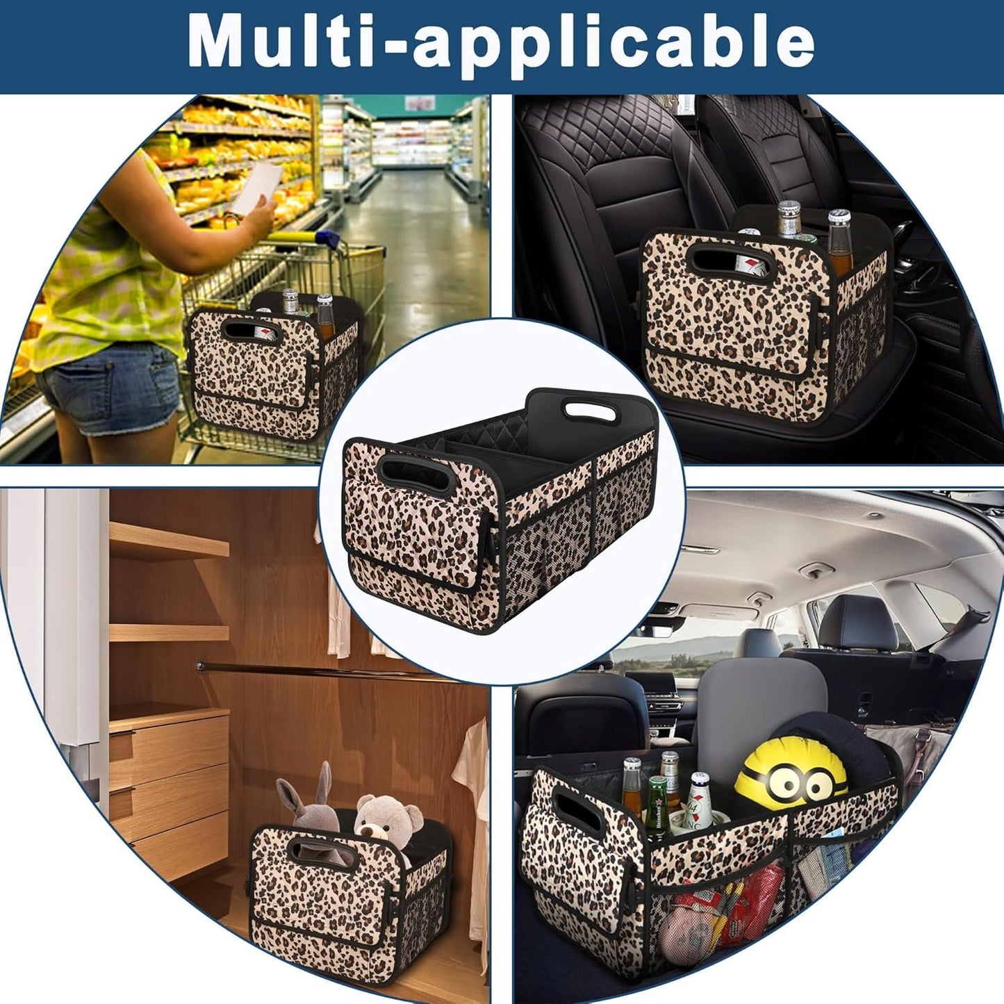 Deosk Car Trunk Organizer for SUV, 50L Waterproof Polyester Storage With 6 Big Pockets for Women/Men - Minivan/Truck (Medium, Leopard Print)