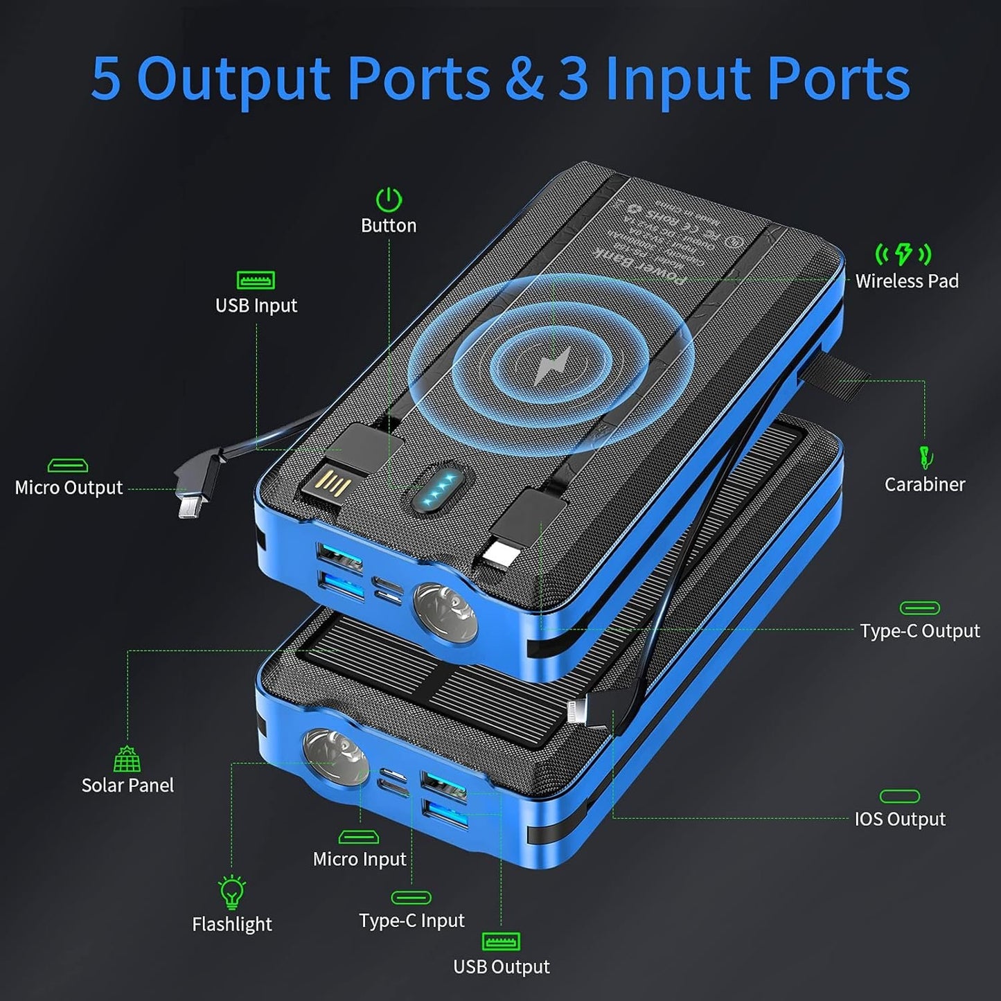 Solar Portable Power Bank Charge 6 Phones at The Same Time 30000mAh Solar Charger with 4 Wires and Wireless Charging Function LED Camping Lights External Battery Pack Outdoor Camping Equipment (Blue)