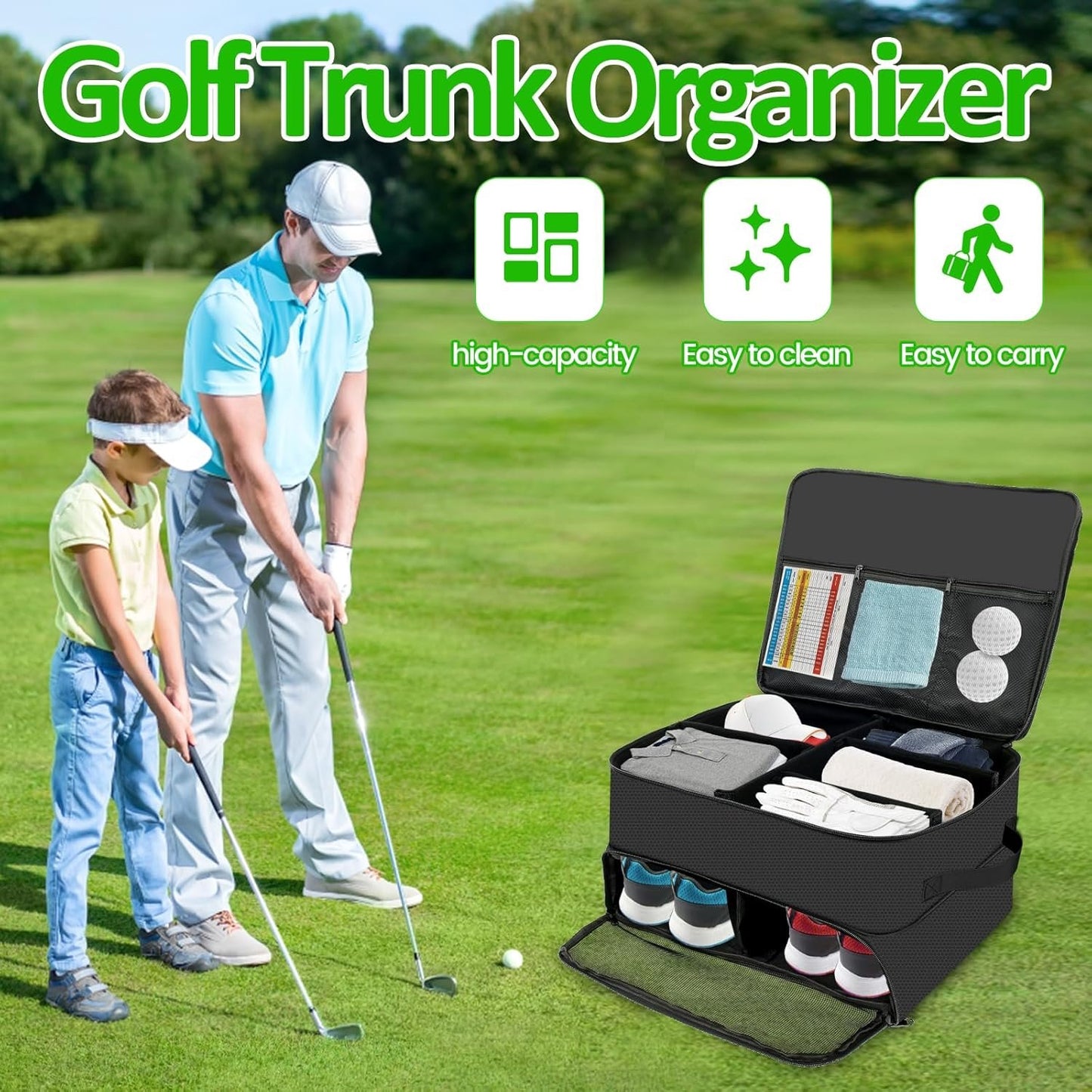 2 Layer Golf Trunk Organizer Large Waterproof Car Golf Locker with Separate Ventilated Compartment Versatile Trunk Organizer for Balls, Tees, Clothes, Gloves (Black)