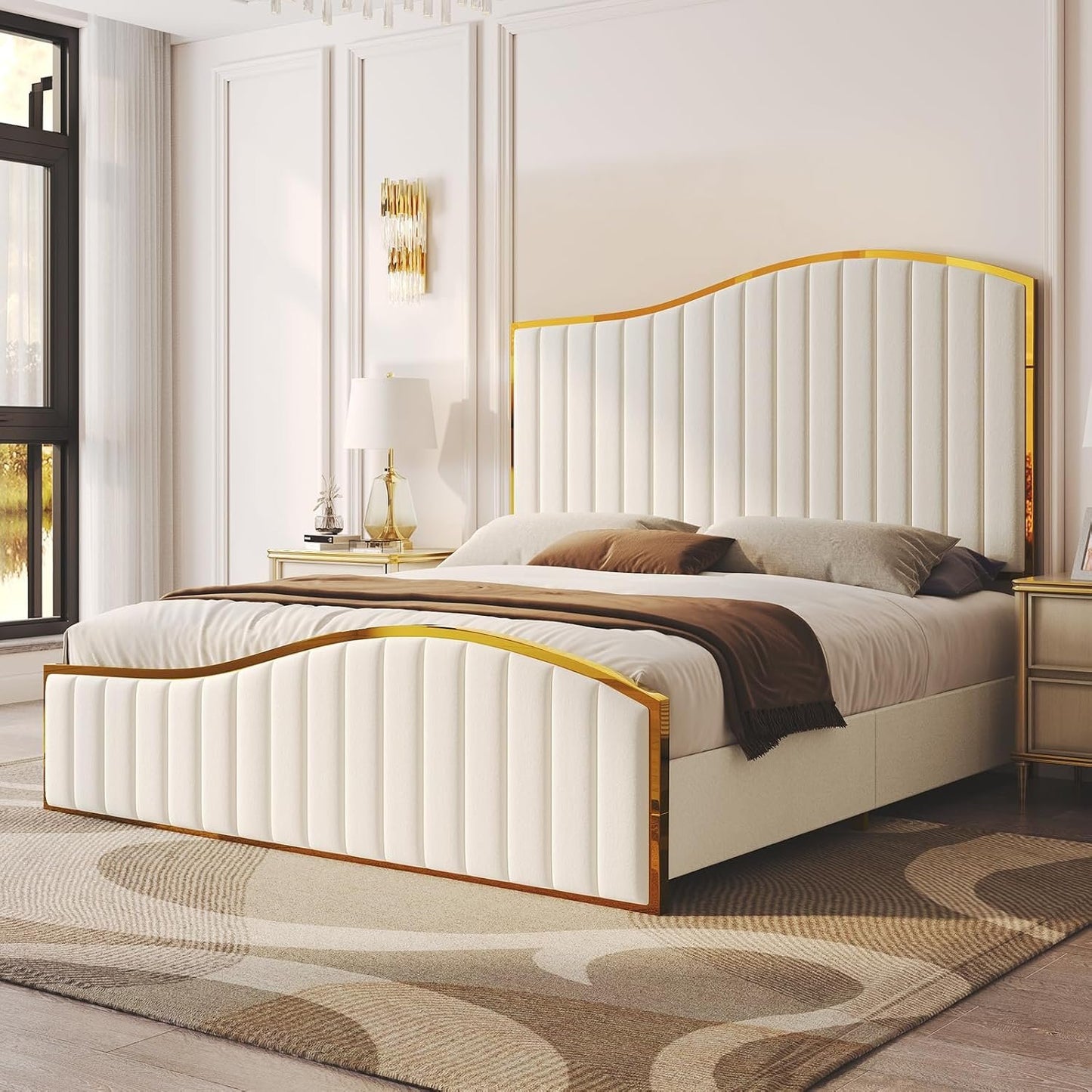 Jocisland King Size Bed Frame, 61.4" High Headboard Platform Bed Velvet Upholstered with Gold Trim & Footboard/Wooden Slats/No Box Spring Required/Cream