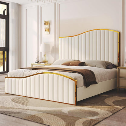 Jocisland King Size Bed Frame, 61.4" High Headboard Platform Bed Velvet Upholstered with Gold Trim & Footboard/Wooden Slats/No Box Spring Required/Cream
