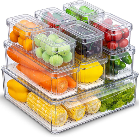 KUMD 10 Pack Fridge Organiser, Stackable Storage Containers with Lids, BPA-Free, Kitchen Storage & Organization, Clear Fridge Storage, for Food, Drinks, Vegetable