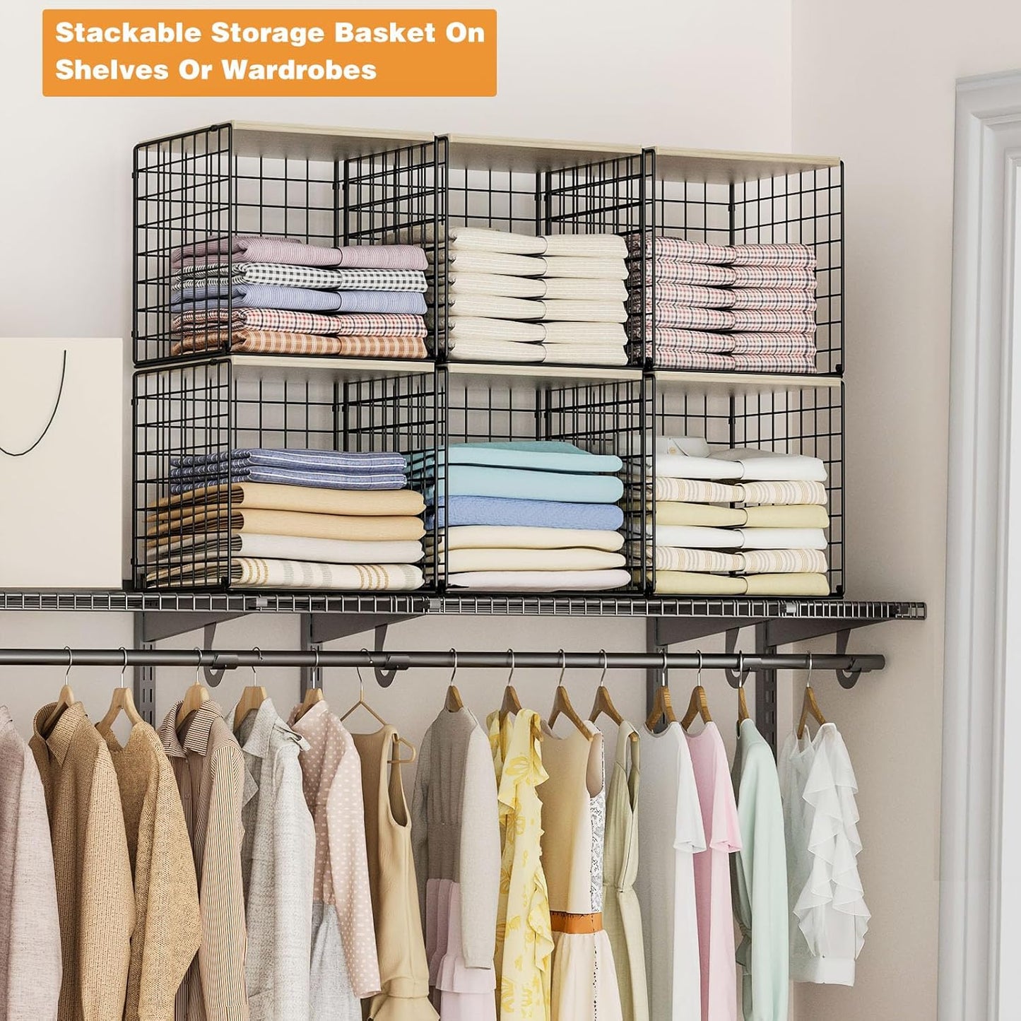 3PCS Stackable Closet Organizers and Storage, Shelves with Wood Top Extra Storage, Clothes Organizer Basket, Bin, or Tube for Wardrobe and Home Organization (Black-Sturdy Metal) Patent Pending