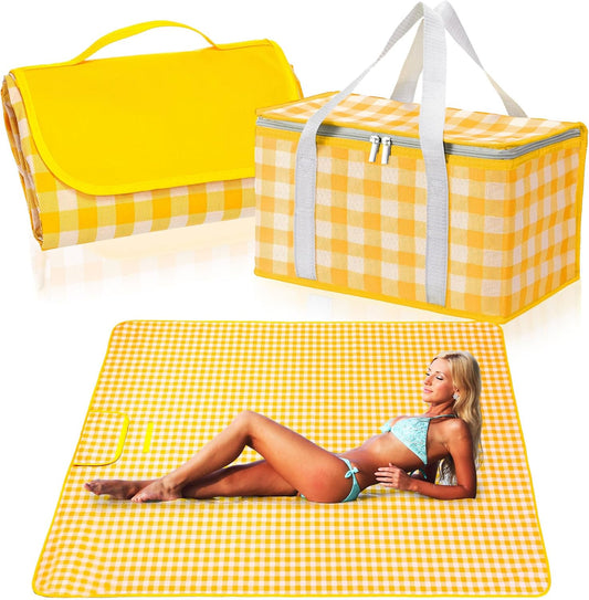 Ceenna Extra Large Picnic Blankets Travel Cooler Bag for Airplane Set Waterproof Foldable Sand Mat Tote Oversized Picnic Blanket Insulated Picnic Bag Insulated Bag for Food Outdoor Camping (Yellow)