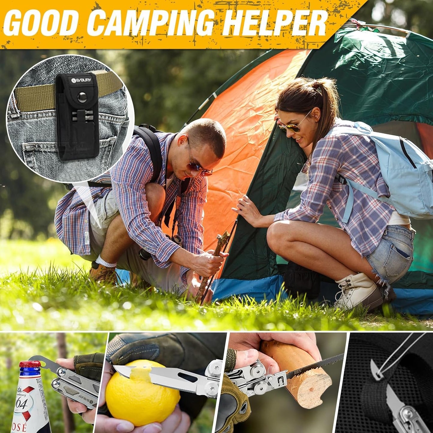 BIBURY Multitool Pliers, Stainless Steel Multi Tool Pliers with Replaceable Wire Cutters and Saw, Foldable Multitools with Scissors and Screwdriver, Ideal for Camping, Hiking, Survival, Gift for Him