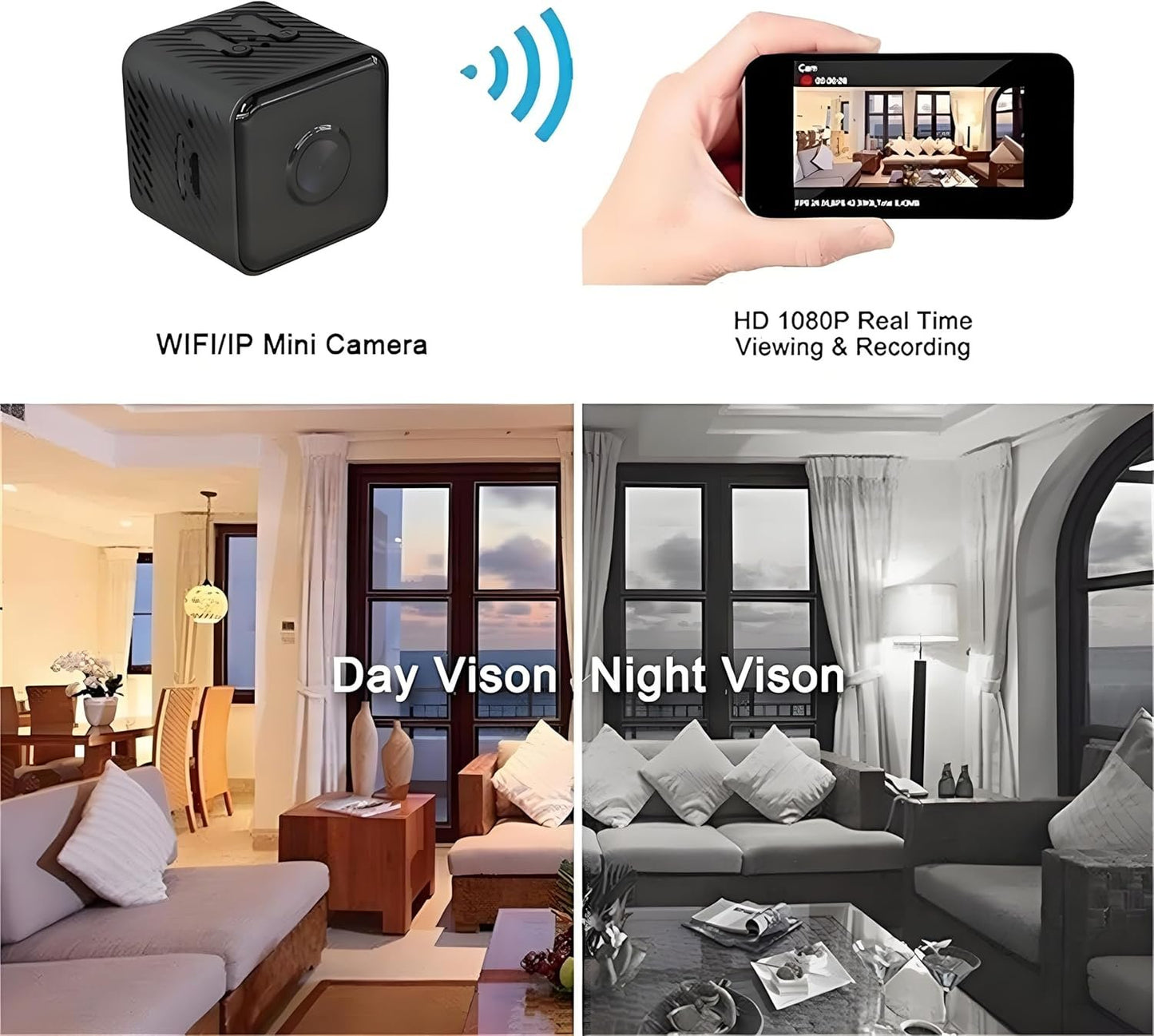 Amhillras Mini WiFi Security Camera, 1080P, 90Â° Wide Angle, Night Vision, Magnetic Mount, Black