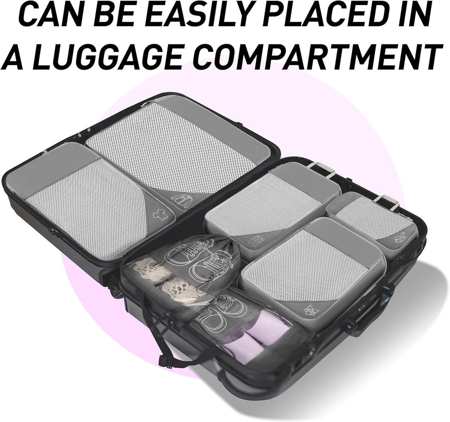 Compression Packing Cubes Set of 9 Ultra Light Expandable Travel Organizer for Hand Luggage Storage Cubes Waterproof Travel Cubes for Suitcases (Grey)