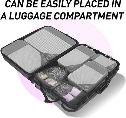 Compression Packing Cubes Set of 9 Ultra Light Expandable Travel Organizer for Hand Luggage Storage Cubes Waterproof Travel Cubes for Suitcases (Grey)