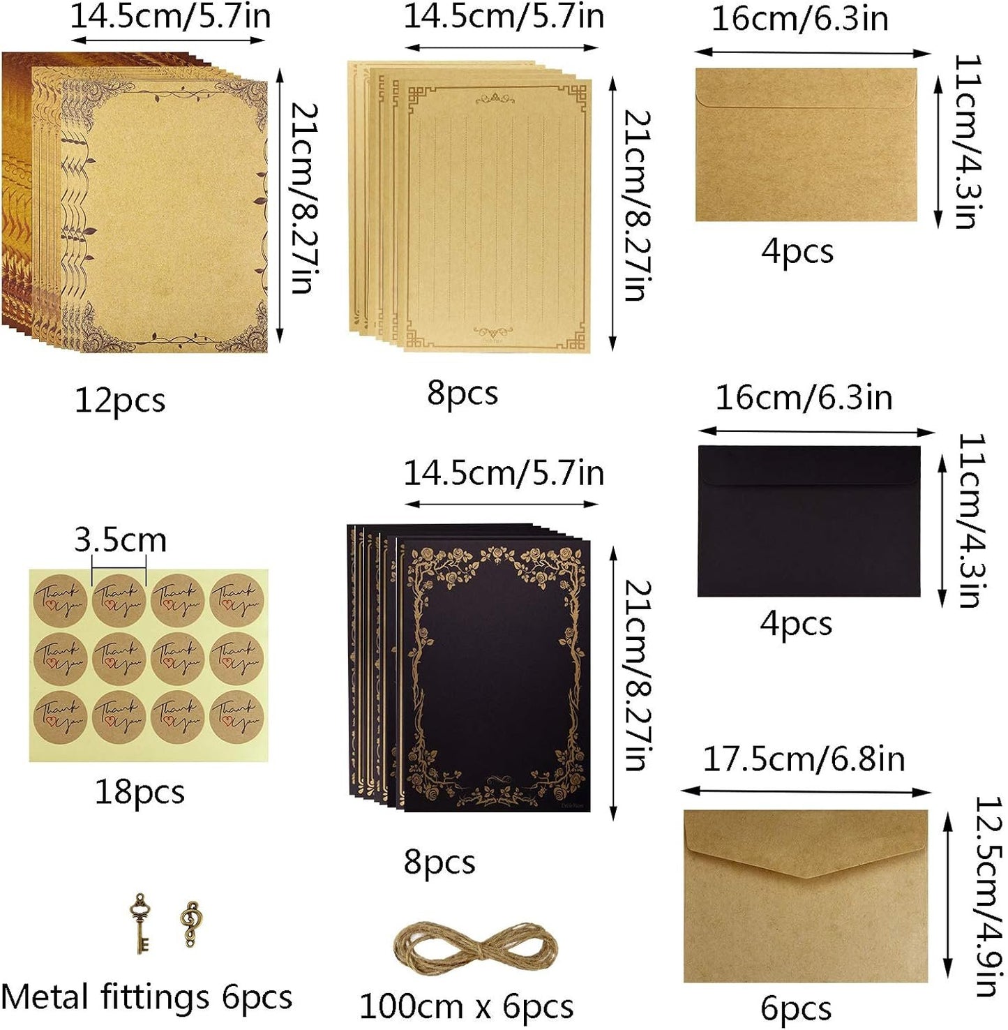 Dxhycc Vintage Stationary Paper and Envelopes Set, Aged Paper Writing Paper Stationery Set, 28 Sheets of Vintage Letter Papers, 14 Envelopes, 6 Hemp Ropes, 6 Retro Keys, 18 Sealing Stickers