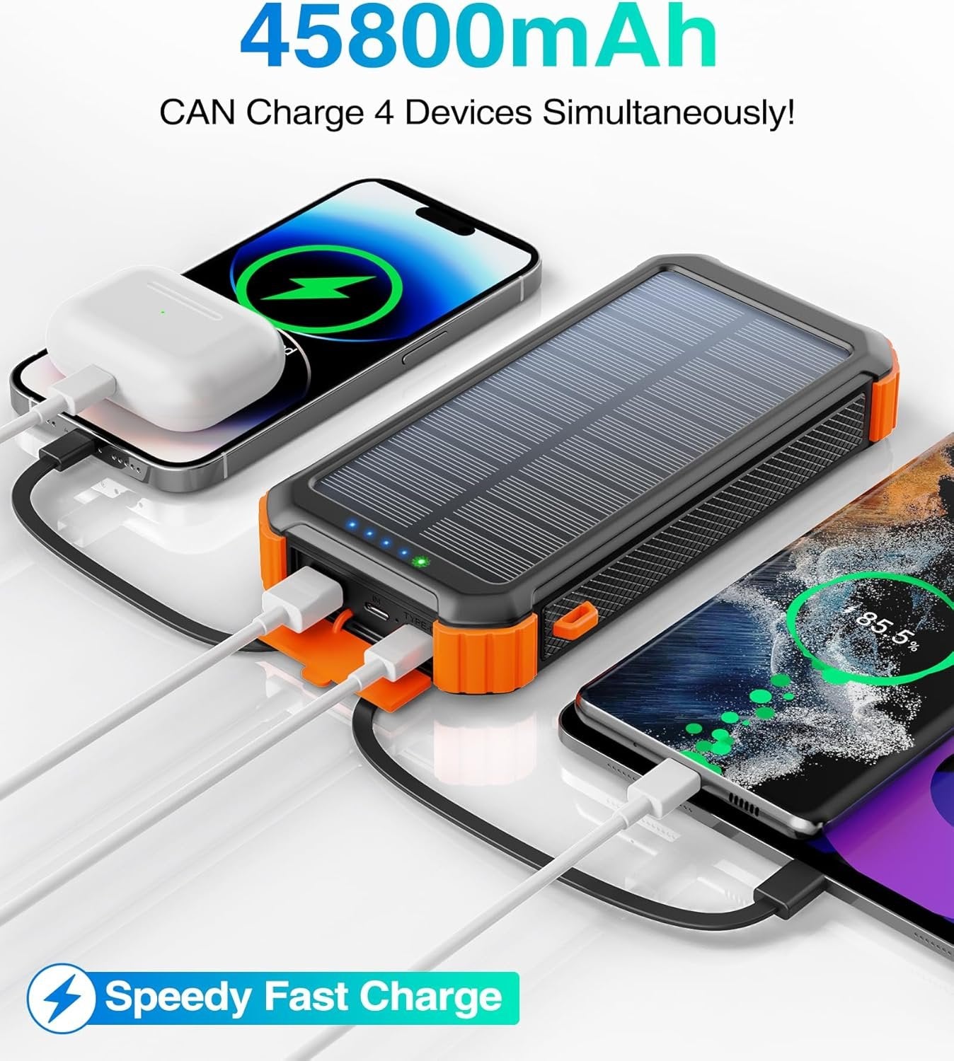 LATIMERIA Solar Charger Power Bank, 45800mAh Portable Phone Charger with USB C in/Output, 5V3.1A QC 3.0 Fast Charging for Cellphone, External Battery Pack Compatible with iPhone Samsung Google etc
