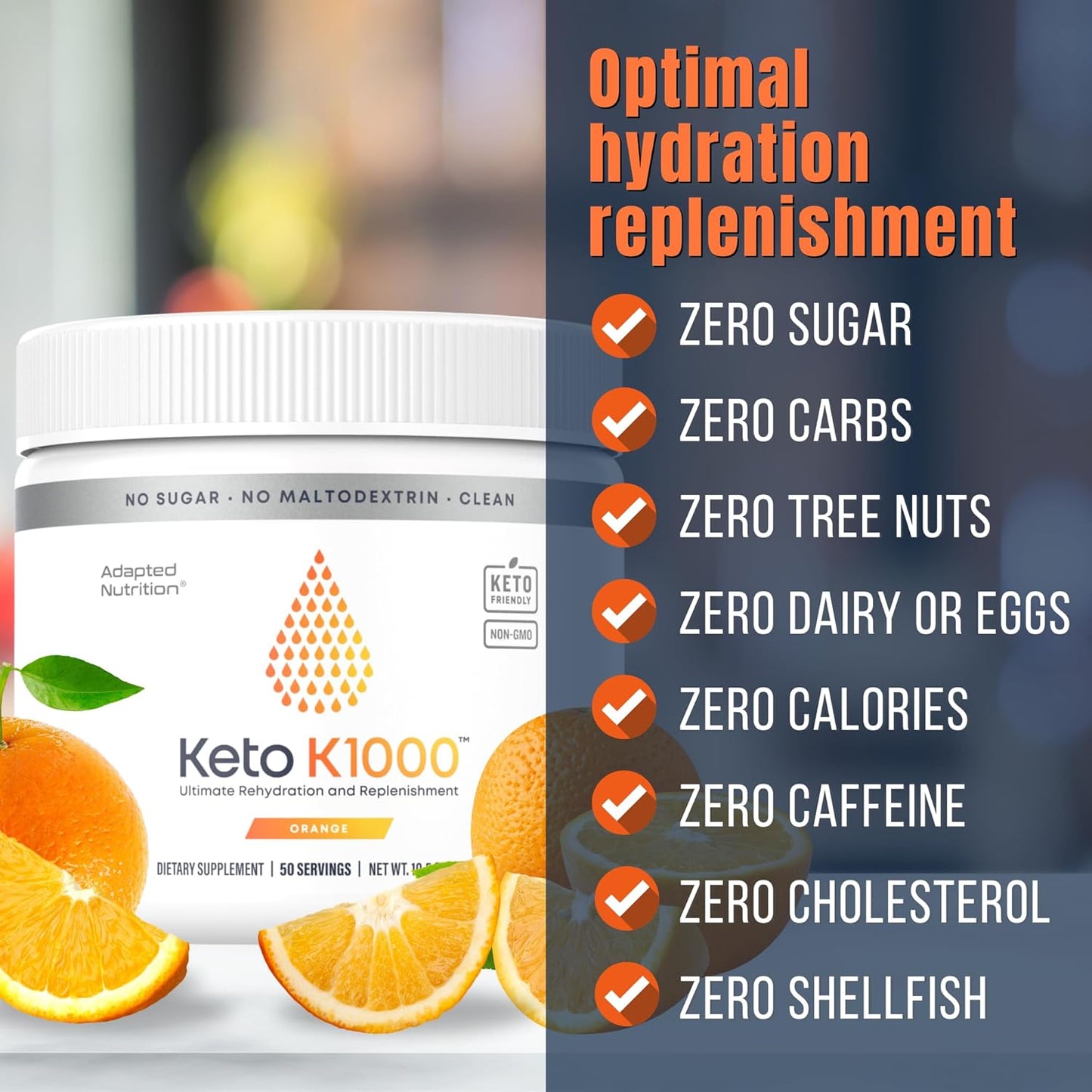 Keto K1000 Electrolyte Powder | Boost Energy & Beat Leg Cramps | No Maltodextrin or Sugar | Orange, Lighter Stevia Taste | 50 Servings
