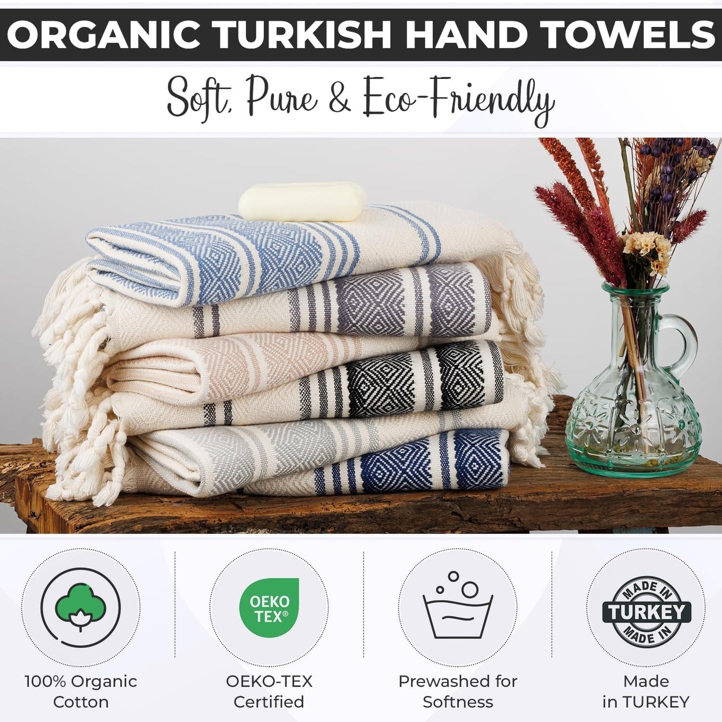 DEMMEX Organic Cotton Diamond Turkish Hand Towels for Bathroom & Kitchen – Set of 2 - Decorative Lightweight Towels for Hand, Face, Dish, Bath, Travel | 100% Oeko-TEX Certified, 46x92cm, Beige
