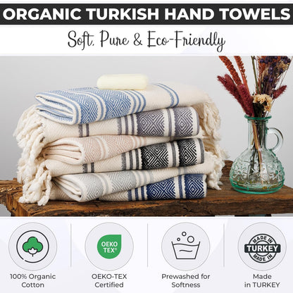 DEMMEX Organic Cotton Diamond Turkish Hand Towels for Bathroom & Kitchen – Set of 2 - Decorative Lightweight Towels for Hand, Face, Dish, Bath, Travel | 100% Oeko-TEX Certified, 46x92cm, Beige