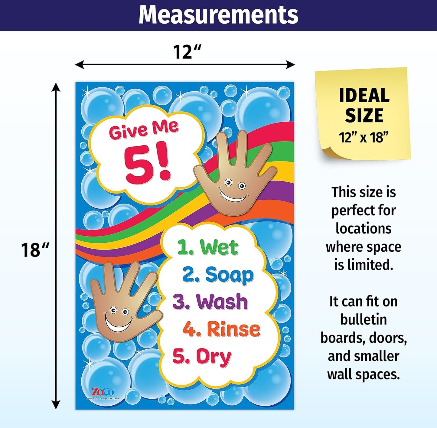 Safety Magnets Give Me 5 Poster per lavaggio delle mani, laminato, 30,5 x 45,7 cm, cartello per bambini, per l'igiene delle mani, per asili nido, scuola e elementare, decorazioni per ufficio