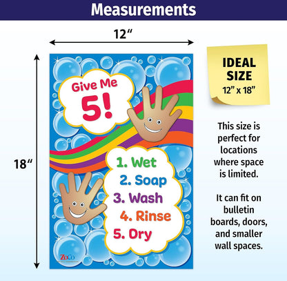 Safety Magnets Give Me 5 Poster per lavaggio delle mani, laminato, 30,5 x 45,7 cm, cartello per bambini, per l'igiene delle mani, per asili nido, scuola e elementare, decorazioni per ufficio