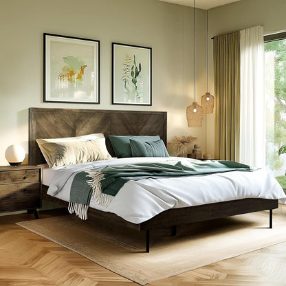 Acacia Alander Queen Solid Wood Bed Frame with Headboard, Scandinavian Signature High Headboard Wood Bed Compatible with All Mattress Types, No Box Spring Needed, Quick & Easy Assembly, Mocha