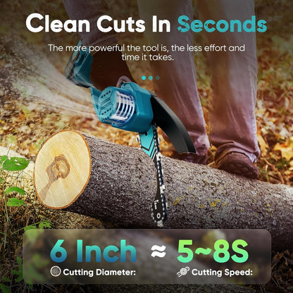 Mini Chainsaw Cordless 6 Inch, Battery Powered Chainsaw with LED Light, Safety Lock, Copper Motor, 21V Rechargeable Battery, Tool-Free Installation for Tree Trimming & Wood Cutting