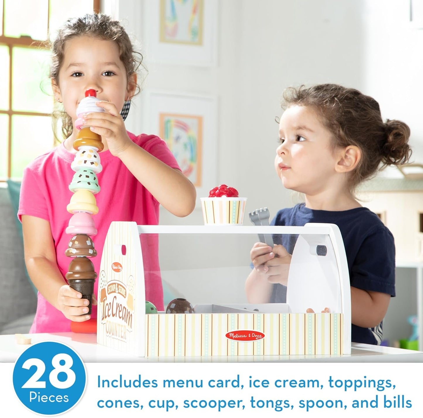 Melissa & Doug Wooden Scoop and Serve Ice Cream Counter (28 pcs) | Play Food and Accessories | Pretend Food, Ice Cream Toys, Ice Cream Shop Toys For Kids Ages 3+