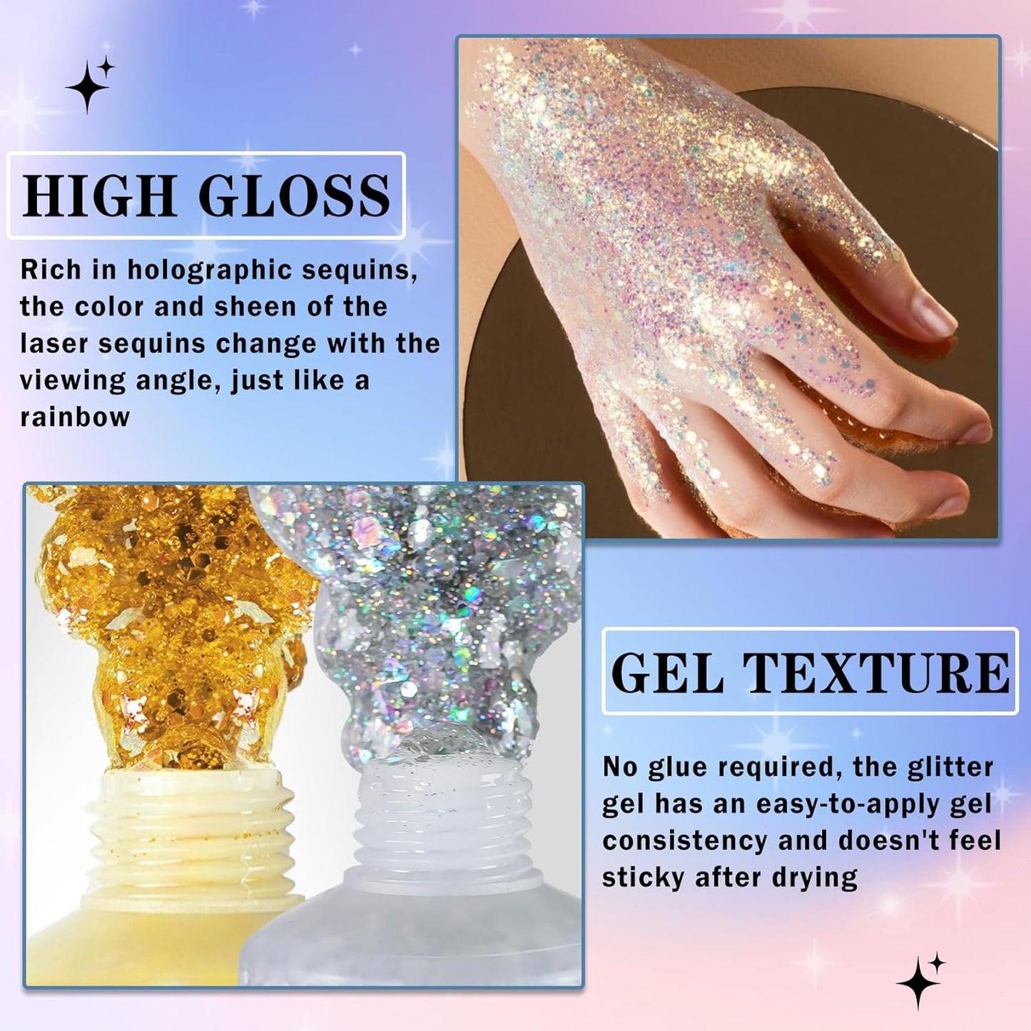 DAMUSI 3 Colors Face Glitter Gel Body Glitter Holographic Hair Glitter for Kids,Face Glitter Makeup,Chunky Sequins Face Body Hair Glitter Gel,Festival Rave Accessories (Gold+Silver+White)