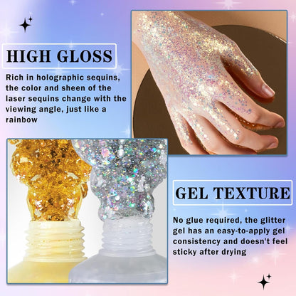 DAMUSI 3 Colors Face Glitter Gel Body Glitter Holographic Hair Glitter for Kids,Face Glitter Makeup,Chunky Sequins Face Body Hair Glitter Gel,Festival Rave Accessories (Gold+Silver+White)