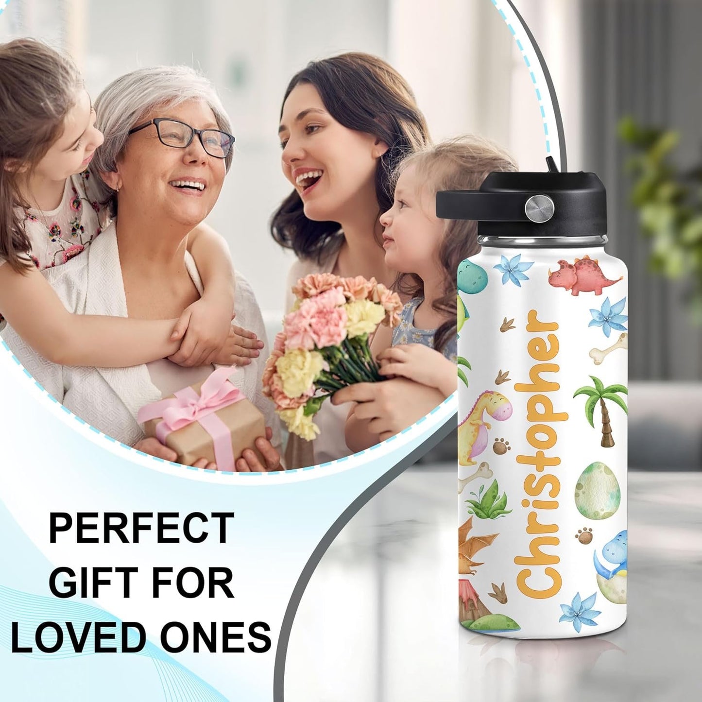 Hyturtle Personalized Dinosaur Water Bottle, Customized Name Dino Stainless Steel Insulated Sports Bottles Drinking Cups For Kids Toddler Boys Girls Back To School Cup With Lid 12 oz 18 oz 32 oz