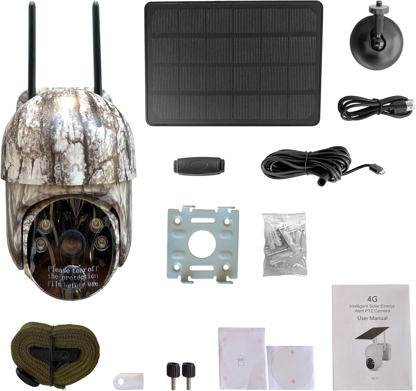 Elinz Camouflage Security Camera 4G Cellular PTZ Solar Powered Outdoor 3MP 2K HD Resolution 360Â° IP65 Colour Night Video, 2-Way Talk, PIR, Siren, for Trail Wildlife Surveillance CCTV