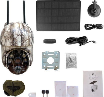 Elinz Camouflage Security Camera 4G Cellular PTZ Solar Powered Outdoor 3MP 2K HD Resolution 360Â° IP65 Colour Night Video, 2-Way Talk, PIR, Siren, for Trail Wildlife Surveillance CCTV
