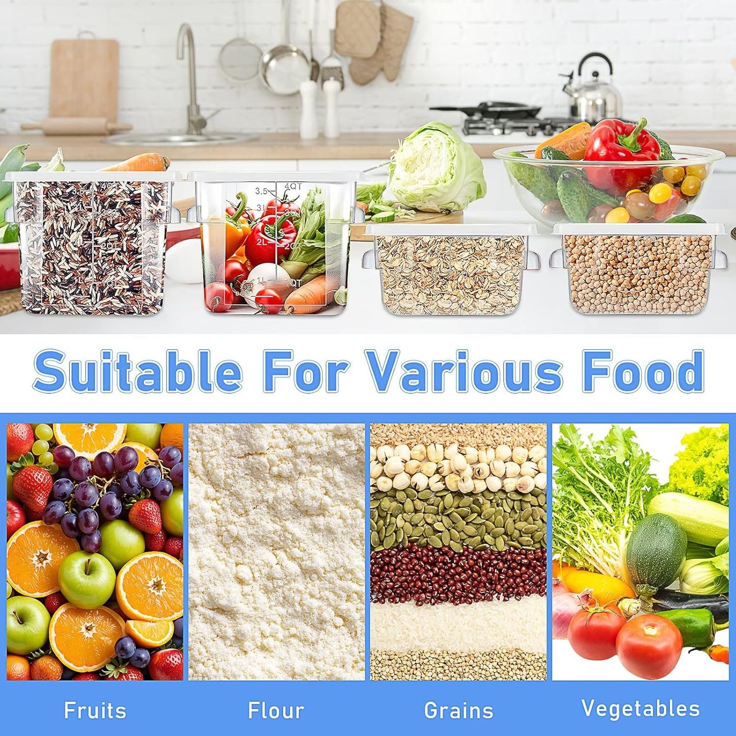 4 Pcs Food Storage Containers with Lids 2 and 4 Quart Clear Plastic Commercial Container Set with Scales Handles for Home Restaurant Fridge Freezer Kitchen Brining Food, Proof Dough, Marinating Meat