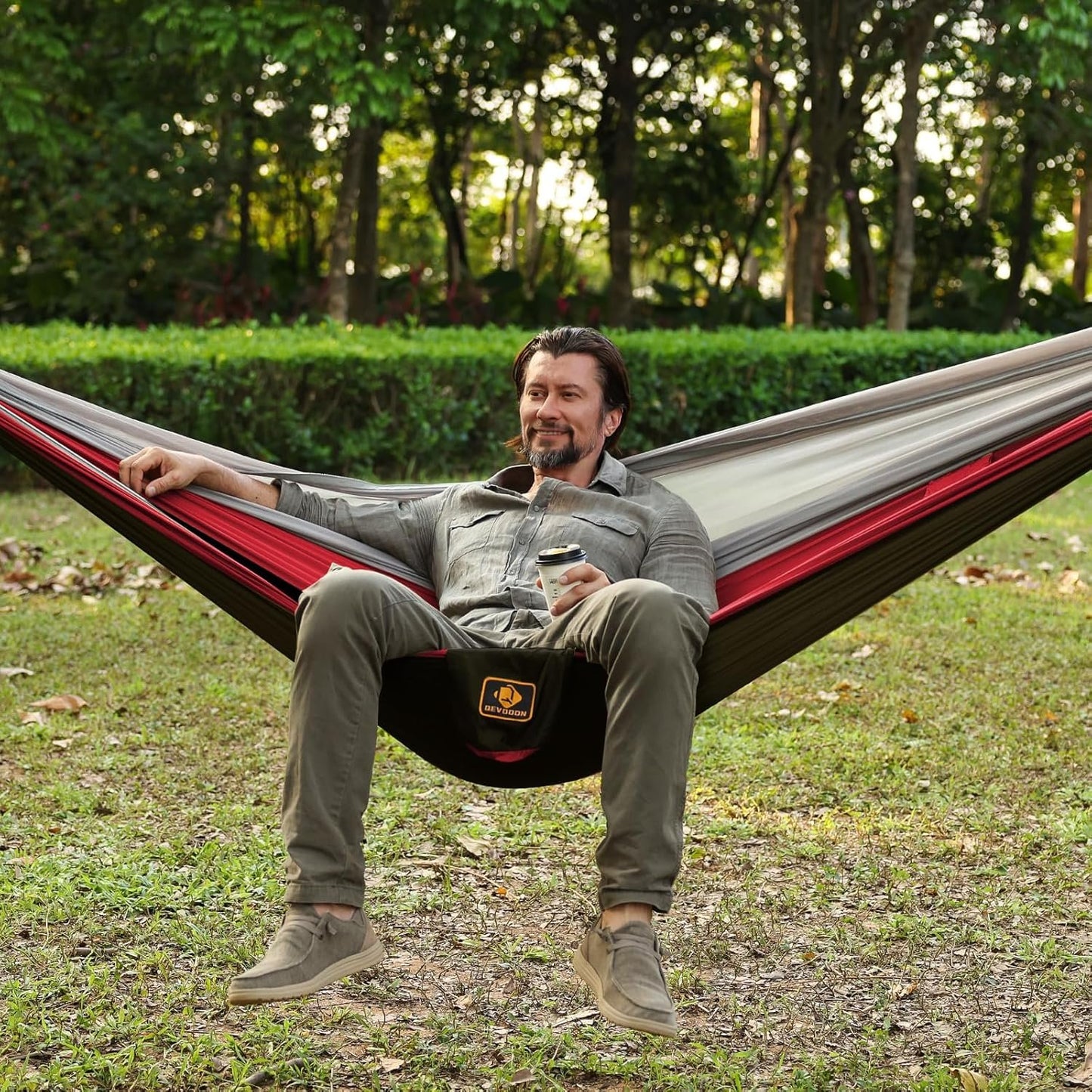Camping Hammock, Portable Hammocks with Mosquito Net,Lightweight Nylon Parachute Hammock with 10ft Tree Straps,Camping Gear Must Haves for Travel Hiking Backpacking Beach Patio-Black&Red