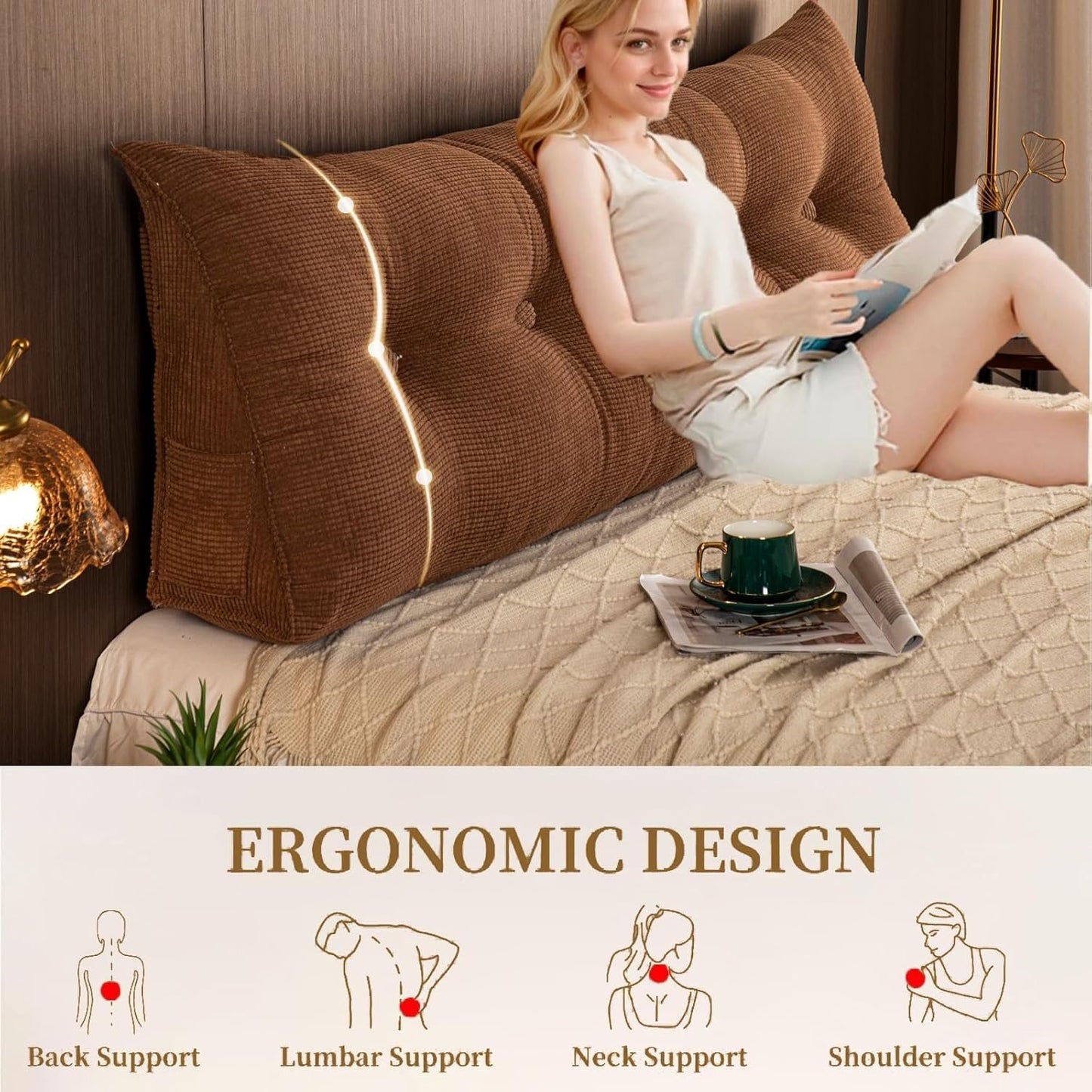 Large Triangular Wedge Pillow for Bed with Removable Cover - Ergonomic Headboard Cushion Reading Pillow Back Support Cushion for Bed, Sofa, Bedrooms(Brown,Queen)