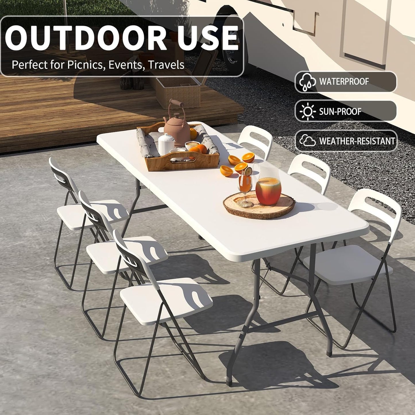 6 Ft Portable Foldable Long Table, Folding Table for Indoor Outdoor, Smooth HDPE Tabletop with Built in Handle & Steel Legs, Perfect for Party, Dining, Wedding, Events, Camping, Utility, Temporary